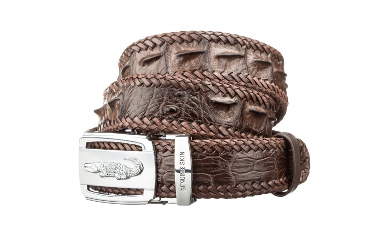 【Ремень CROCODILE LEATHER 18599 из натуральной кожи крокодила Коричневый】