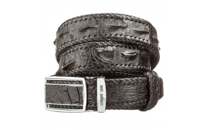 【Ремень автоматический CROCODILE LEATHER 18597 из натуральной кожи крокодила Черный】