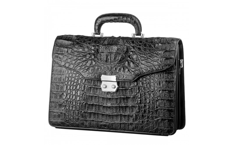 【Портфель CROCODILE LEATHER 18048 из натуральной кожи крокодила Черный】